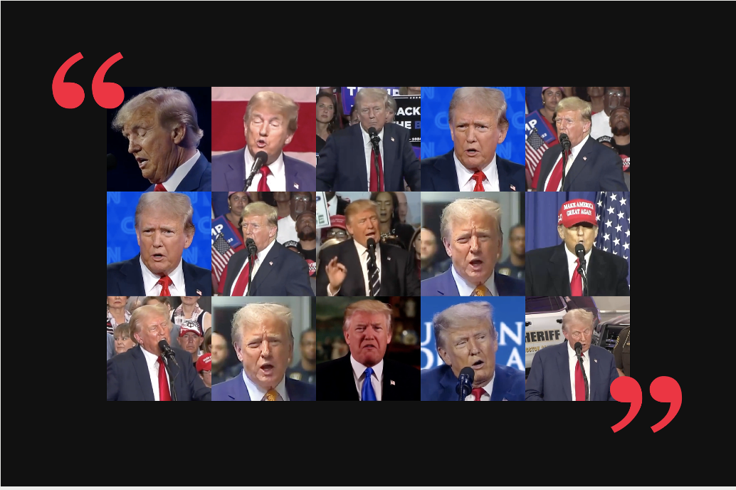 Screenshots of Donald Trump at various speaking events laid out in a grid 