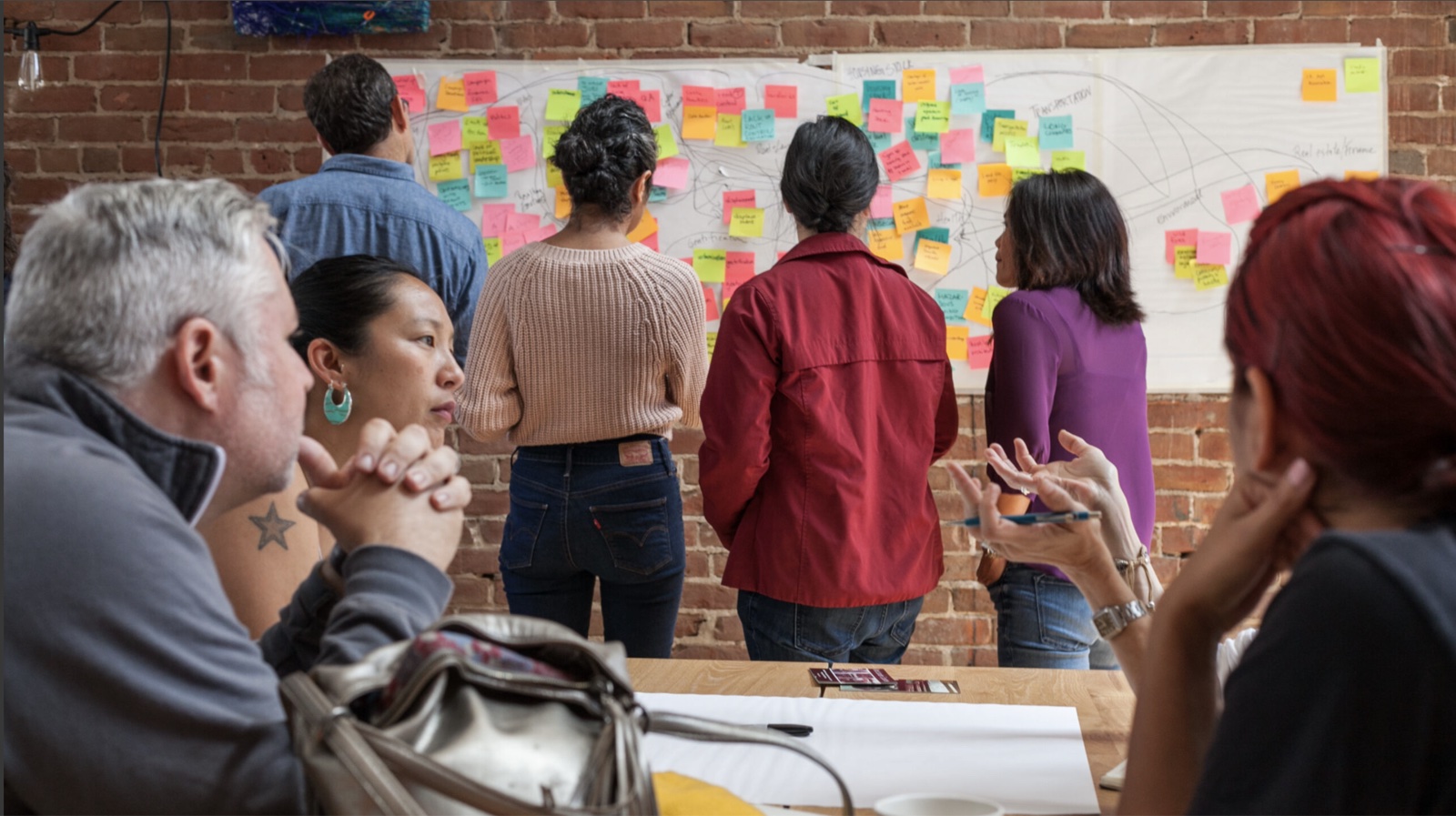 The J+D Lab team mapping program strategy on a wall of sticky notes